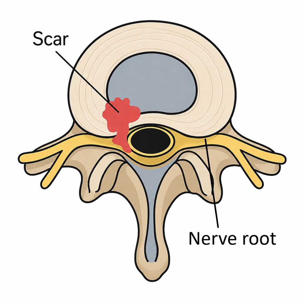 Epidural scar tissue at the operated site after lumbar discectomy.