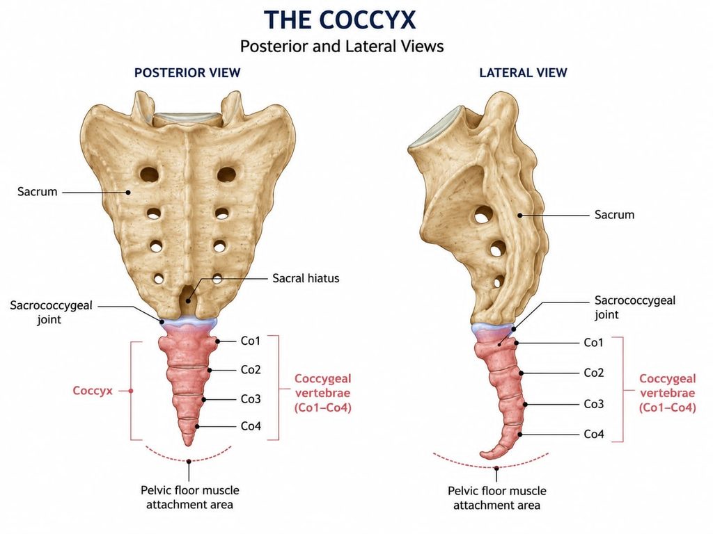 Illustration of the anatomy of the sacrum and tailbone (coccyx) with their joint